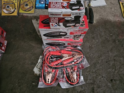 Lot 96 - Unused Roadster 200AMP 2.5 Meter Jump Leads (3 of), 12Volt Vehicle Vacuum Cleaner (2 of), 12Volt 250Psi Tyre Inflator (1 of)